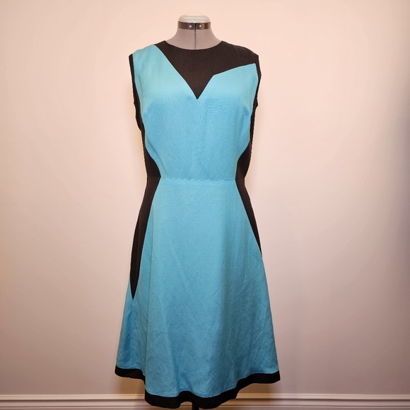Custom handmade blue black color block linen lined a-line midi dress size 12 US. - Picture 2 of 6